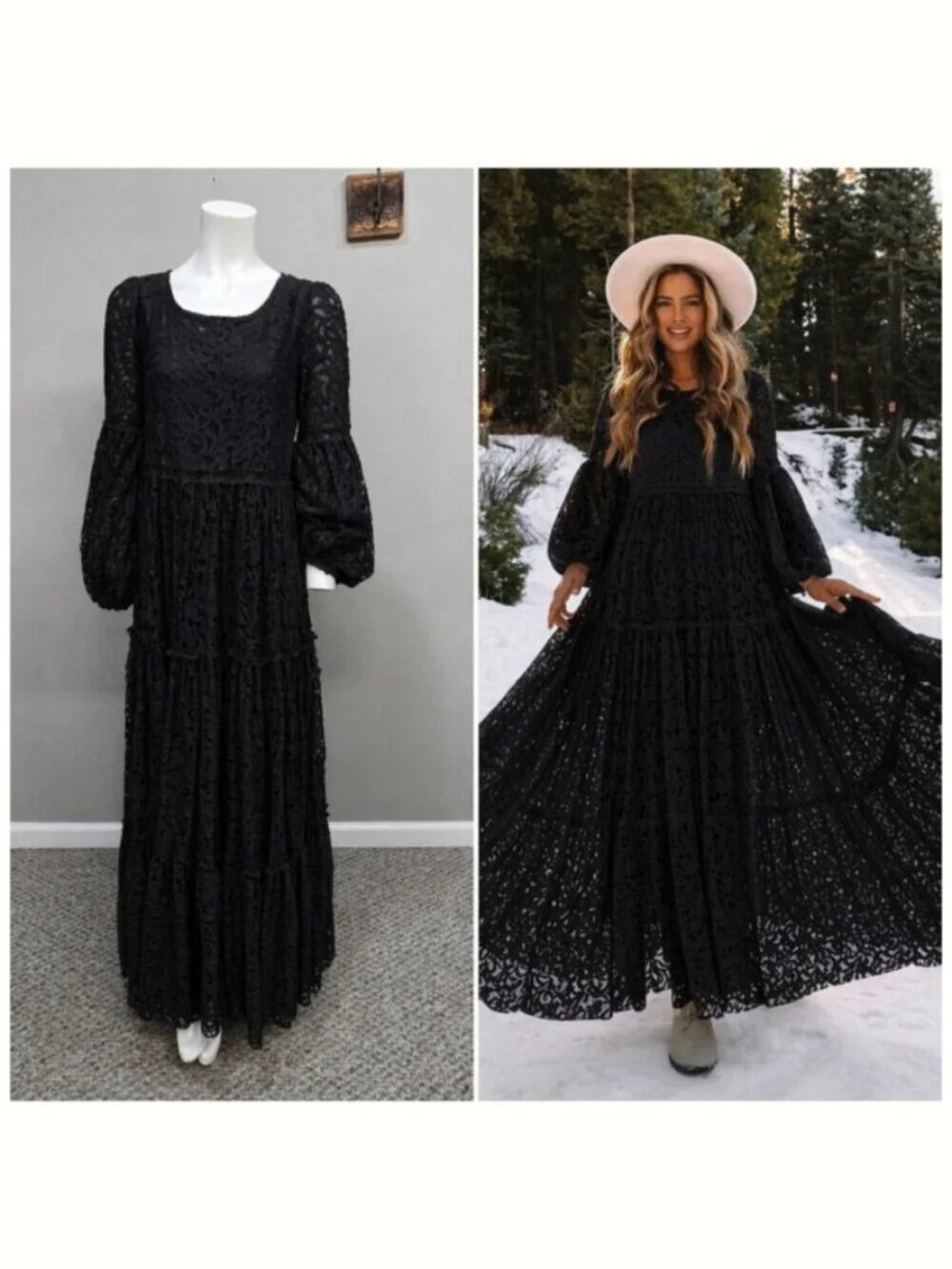 Mia Joy Joyfolie Ember Black Lace Maxi Boho Peasant Tiered Boho Wichy Dress